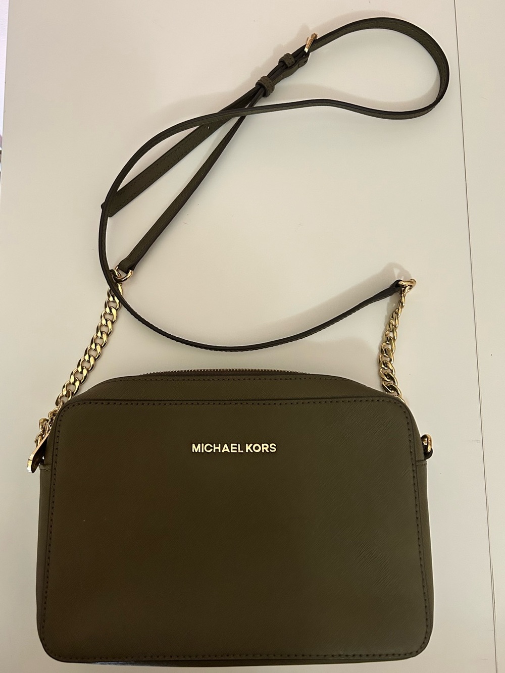 Michael Kors Olive Green Saffiano Crossbody with Gold Chain